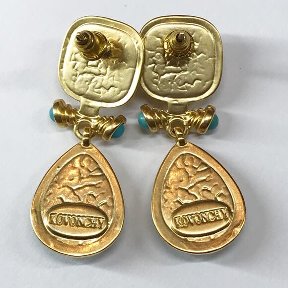 Kovonchy Signed 925 Stud Turquoise White Pearl Earrings Drop Egyptian Revival - Picture 11 of 11